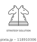 Two chess knights facing back to each other symbolize strategic solutions and tactical planning in problem-solving scenarios. 118910306