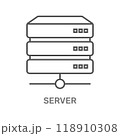 Icon of a server stack representing data storage or networking, with the word server below it. 118910308