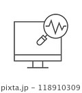 Icon of a computer screen with a magnifying glass showing a heartbeat line, symbolizing system monitoring or data analysis 118910309