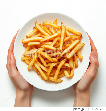 Generative ai illustration of  two hands holding a white plate with french fries 119059129