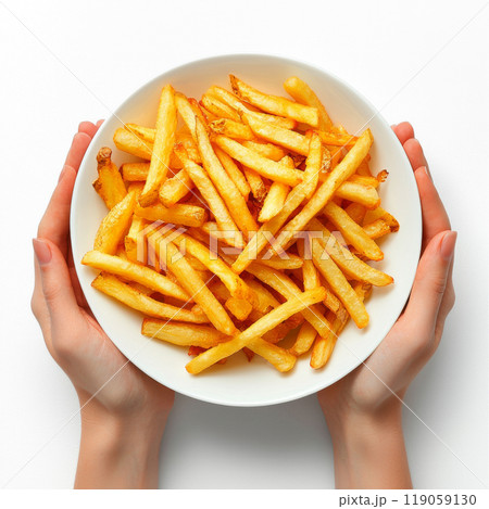 Generative ai illustration of  two hands holding a white plate with french fries 119059130