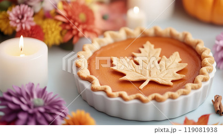 Delicious pumpkin pie with decorative leaf crust sits surrounded by colorful autumn flowers and lit candles 119081938