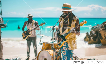 A reggae band plays on a sun-soaked beach, blending with the rhythmic symphony of crashing ocean waves. 119007283