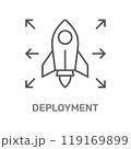 The image shows a line-art rocket surrounded by arrows pointing outward, symbolizing the concept of deployment, likely in a software or technology context, representing launch or distribution. 119169899