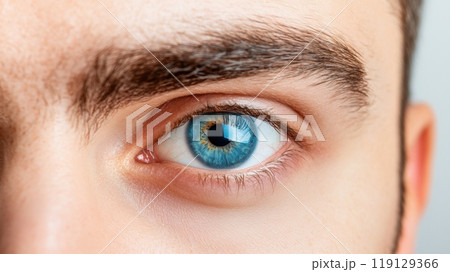 Close-Up of a Blue Eye with Detailed Iris and Eyebrow in Natural Light, AI 119129366