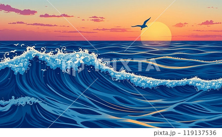 sea wave background with sunset and birds 119137536