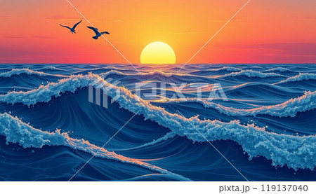 sea wave background with sunset and birds 119137040