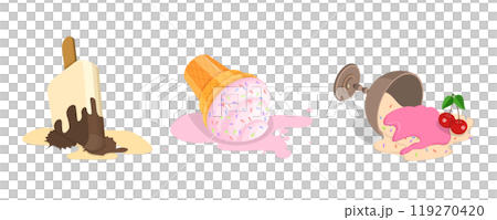 3D Isometric Flat  Illustration of Set of Fallen Ice Creams, Milk Dessert Lying on Floor 119270420