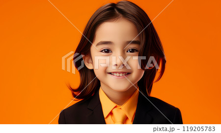 Portrait of a cute handsome happy Asian boy child with long hair and perfect skin, orange background, banner. 119205783