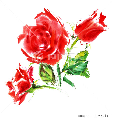 Bouquet of three red roses with green leaves in juicy watercolor. It is hand-drawn in juicy strokes of bright red, scarlet color. The roses petals are open, isolated on white background. Elegant 119359141