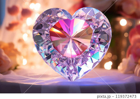 A transparent crystal heart against a soft bokeh background with a romantic glow. Love concept 119372473