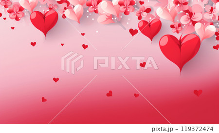 Paper cut frame border composition of red pink heart shapes flying from top on light minimal background with empty copy space for text. Love romantic greeting card mock up 119372474