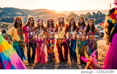 Group of people posing in hippie costumes for advertising concept 119323194