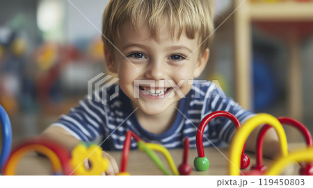 Little boy playing with educational toys at home. AI-generated item 119450803