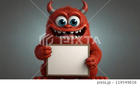 Red monster holding a blank sign 119549616