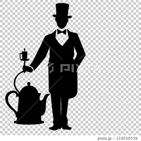 Black silhouette, tattoo of a waiter with kettle on white background. Vector. 119550539