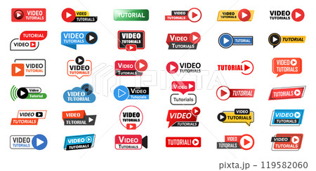 Play video tutorials icon set in flat style. Education software vector illustration on isolated background. Webinar training sign business concept. 119582060