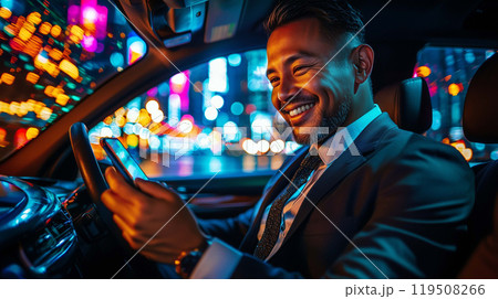 Smiling Businessman Engaging with His Phone While Sitting Comfortably in a Car 119508266