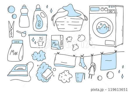 Set of laundry items in doodle style. Linear collection of laundry items. Vector illustration. Isolated elements on a white background. 119613651