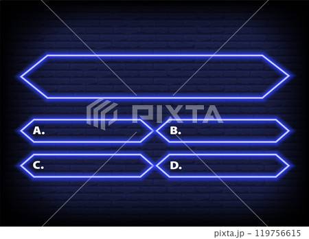 Neon quiz game template. Four options answers for knowledge exam in school, tv show. Vector Illustration 10 eps 119756615