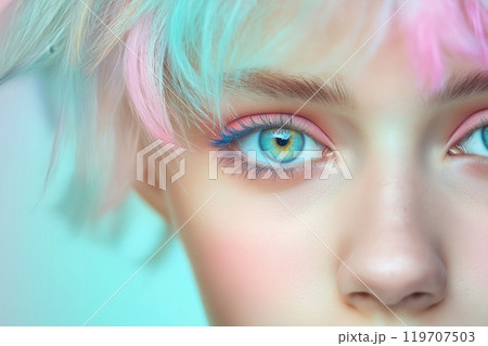 Vibrant close-up of person with pastel hair and striking blue eyes 119707503