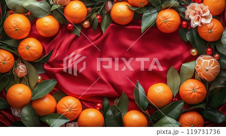 Luxurious Mandarin Orange Display with Red Cloth Backdrop for Chinese New Year 119731736