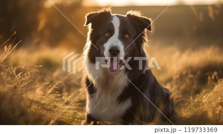 Cute black and white border Collie dog sit and looking at the camera in the meadow nature background. 119733369