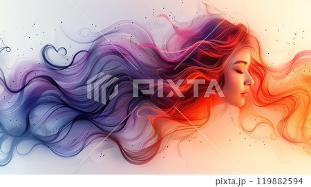 Ethereal portrait of a woman with flowing colorful hair strands 119882594