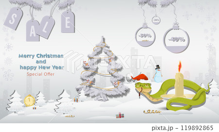 Special Offer Christmas and New Years Sale A snake in a Santa Claus hat wraps around a candle next to a fir tree in a winter snowy forest 119892865