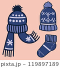 Blue hat, scarf and sock in cartoon style. 119897189