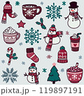 Set of winter icons, snowflakes, snowmen and cups with hot chocolate 119897191