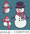 Three snowmen in red scarves and hats 119897193