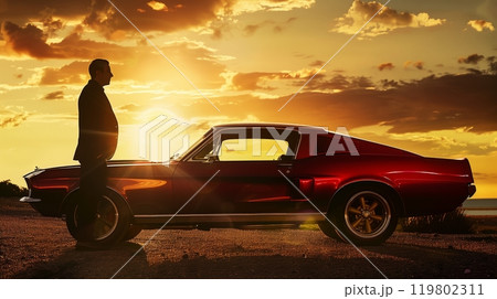 A man in a black suit stands by a vintage red muscle car under a golden sunset, exuding timeless elegance. 119802311