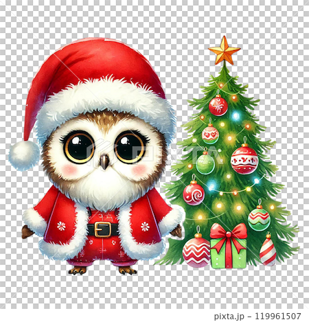 Cute owl in Santa costume beside a decorated Christmas tree. 119961507