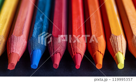 Vibrant Colored Pencils Organised on Colorful Wooden Surface, Creative Art Background. Generative AI 119995357