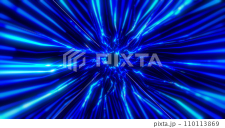 Beautiful abstract blue tunnel made of futuristic digital stripes and lines glowing with bright magic energy on a black space background. Abstract background 110113869