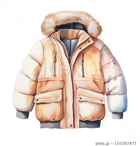 Winter jacket, winter accessories, watercolor illustration 110263973