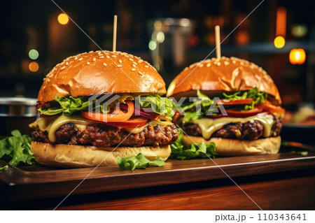 AI-generated content. Close up of juicy burgers or cheeseburgers in the dark restaurant or the bar, with melted cheese, tomatoes, salad, blurred background 110343641