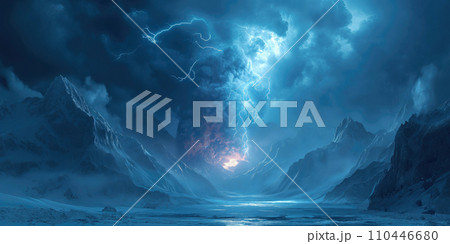 massive volcanic eruption with lightning striking a column of smoke in cold icy mountains 110446680