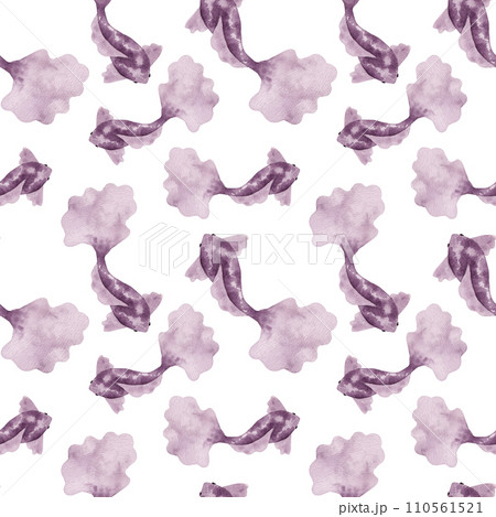 A seamless pattern of violet fish. Simple watercolor, stylized design. Monochrome marine creature. Underwater world of marine wildlife for fabric, paper. Ocean and sea. Hand drawn illustration. 110561521