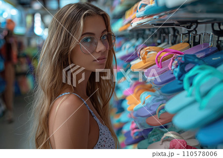 girl chooses flip flops in a shop 110578006