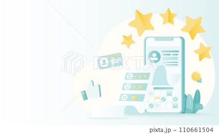 Analyzing customer reviews data, ratings, and comment to improvement customer loyalty. Online customer review and give rating star. Flat vector design illustration with copy space. 110661504