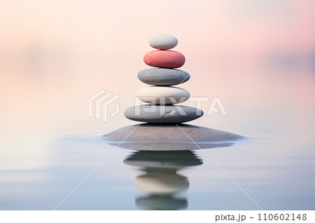 Zen stone stack on water with nature background for balance and harmony 110602148