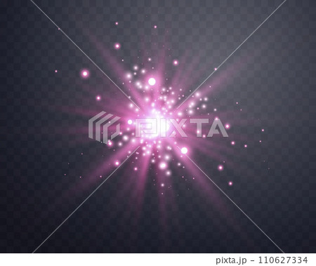 Sunlight lens flare, sun flash with rays and spotlight. Pink glowing burst explosion on a transparent background. Vector illustration 110627334