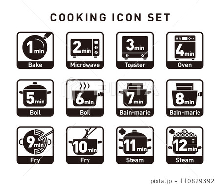 モノクロの四角フレームベクター調理アイコンセット：調理方法と時間 110829392