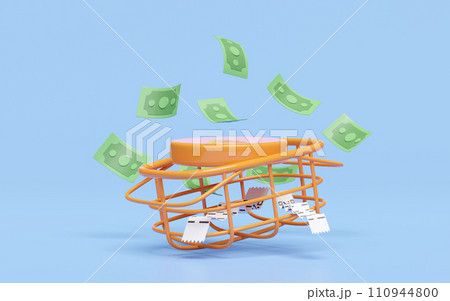 Orange podium empty with banknote, basket, invoice or paper check receipt isolated. economic movements or business finance concept, 3d illustration render 110944800