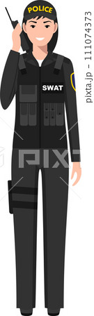 Standing SWAT Policewoman Officer with Walkie-Talkie in Traditional Uniform Character Icon in Flat Style. Vector Illustration. 111074373