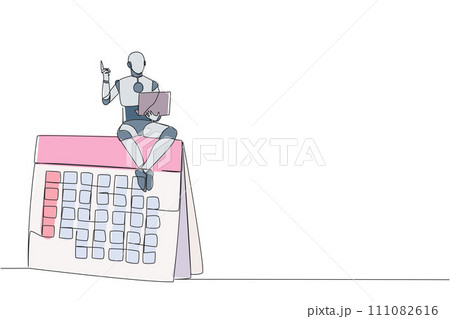 Single one line drawing robotic artificial intelligence sitting on giant desk calendar holding laptop raise one hand. Future electronic technology industry. Continuous line design graphic illustration 111082616