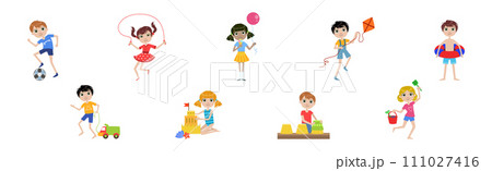 Little Girl and Boy Character Engaged in Different Summer Activity Vector Illustration Set 111027416