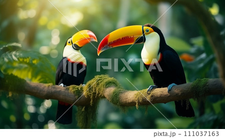 Toucan birds perched on branchwith blurred background of green vegetation. 111037163